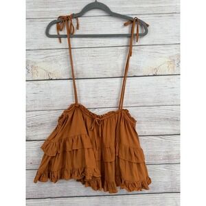 Miou Muse Ruffle‎ Tiered Cami Women Small Rust Brown Linen Blend Boho Crop Top